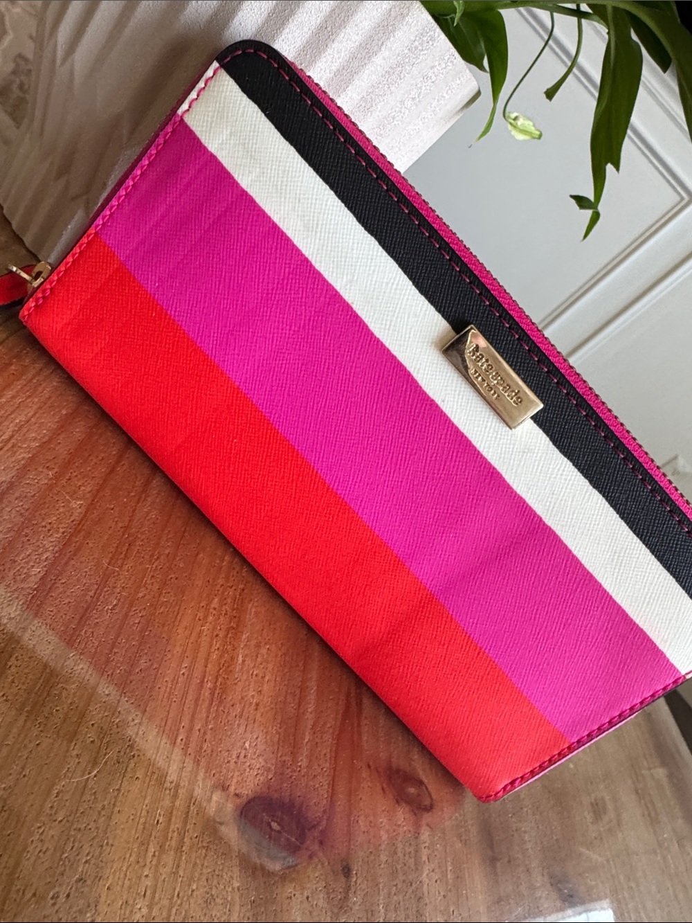 kate spade Striped Zip Wallet in Pink, Red, White & Black